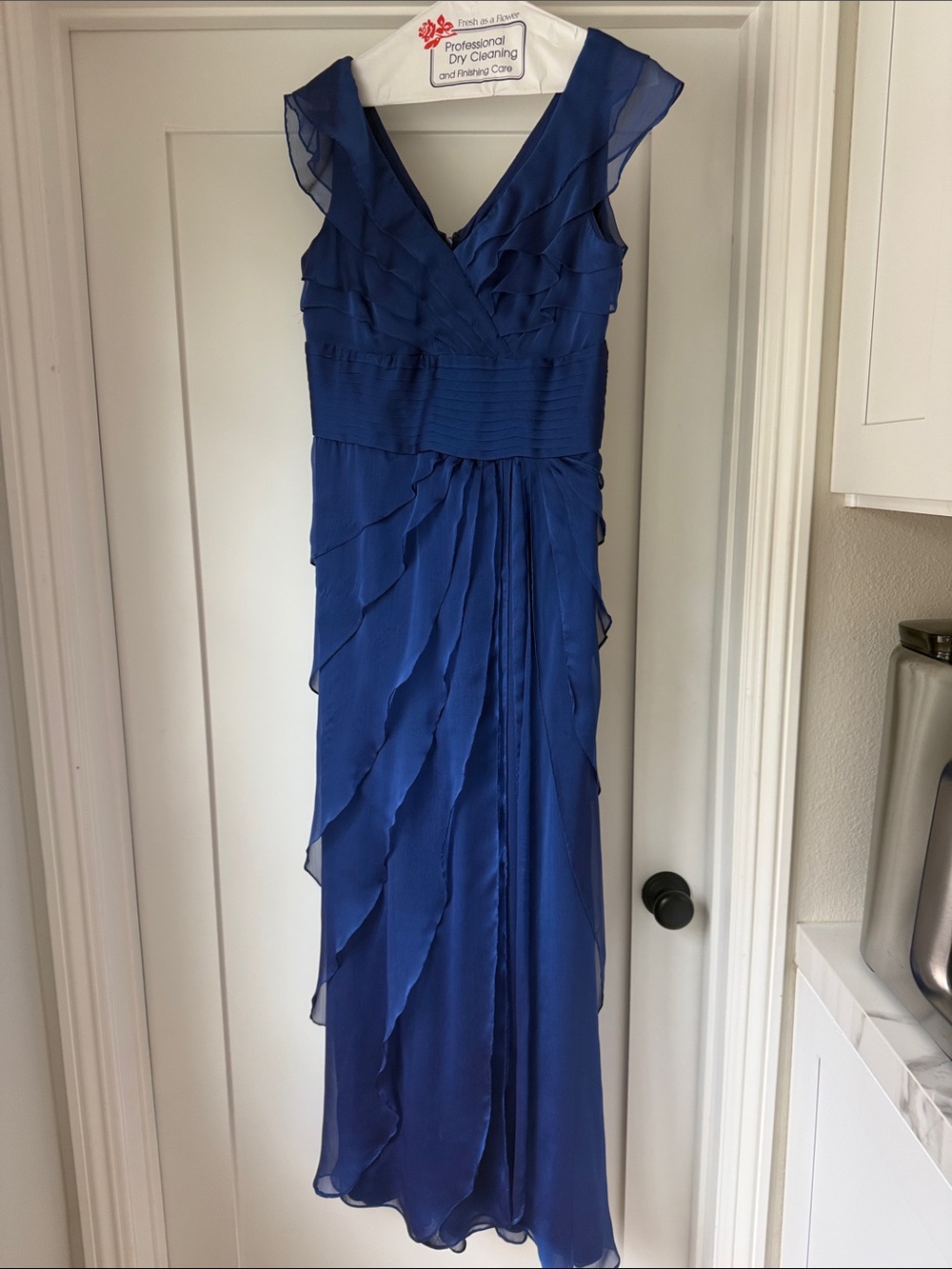 Adrianna Papell Royal Blue Layered Ruffle V-Neck Maxi Dress